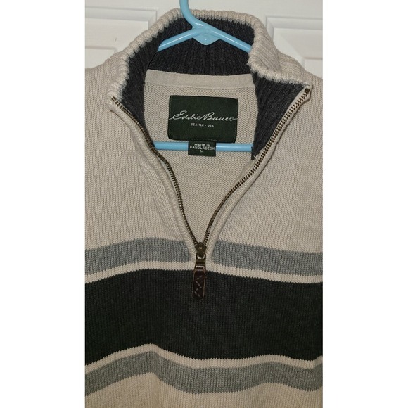 Eddie Bauer Sweater Mens M Navy Gray Striped Beige Cotton Quarter Zip Sweatshirt - Picture 2 of 8